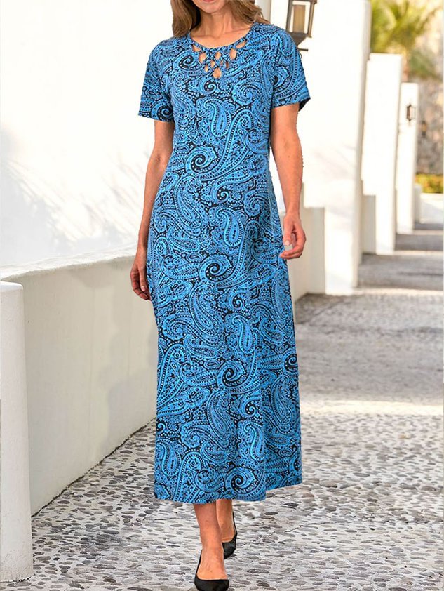 Casual Vacation Paisley Printed Round Neck Regular Fit Maxi Dresses