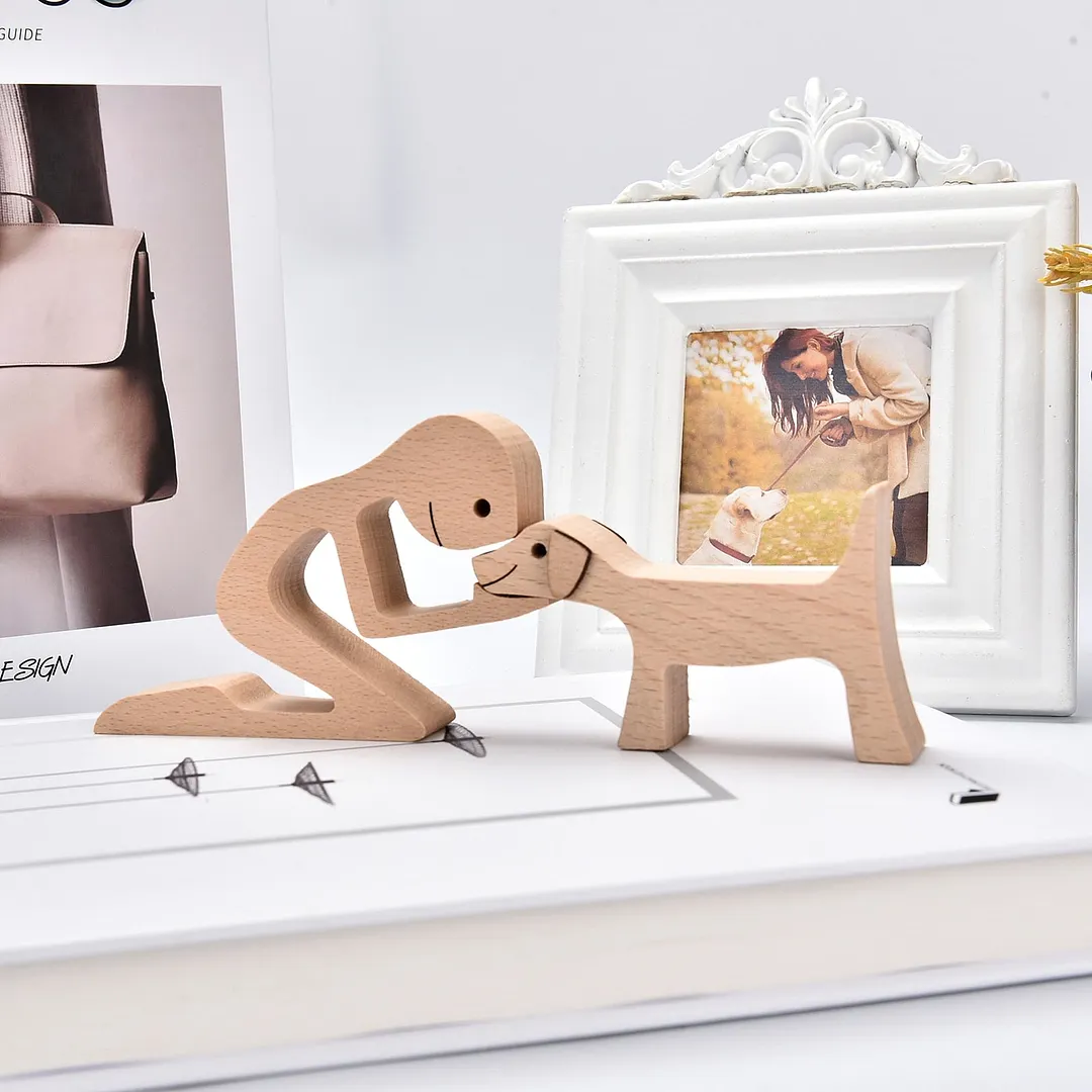Family Puppy Wood Dog Craft Figurine Desktop Table Ornament Carving Model Creative Home Office Decoration Love Pet Dropshipping