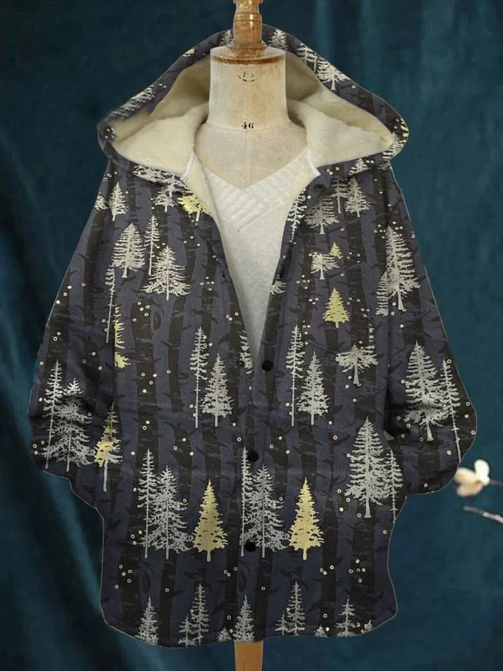 Christmas Tree  Print Waffle Plush Thick Long-Sleeved Hooded Coat