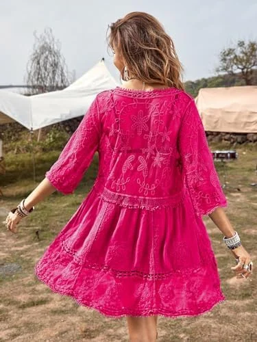 B2prity Women's Contrast Lace Bathing Suit Cover Up V-Neck Swimsuit Coverups Loose Swimwear Beach Dress Beachwear