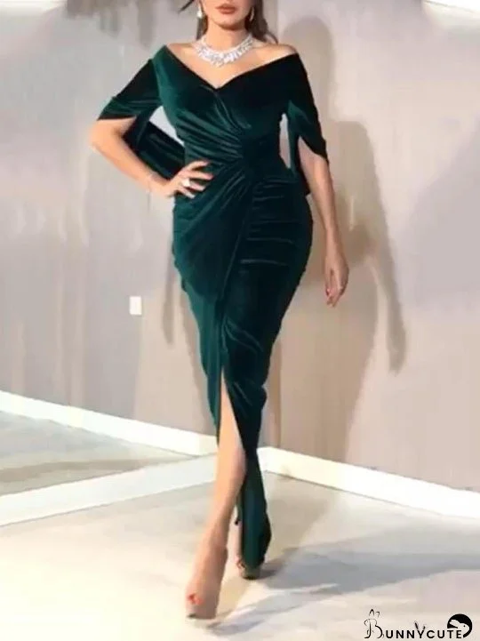 Dresses V-Neck Gold Velvet Long Sleeve Evening Dress for Women