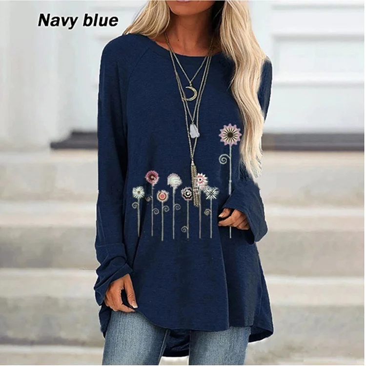 Women Casual Crew Neck Solid Long Sleeve Floral Shirts