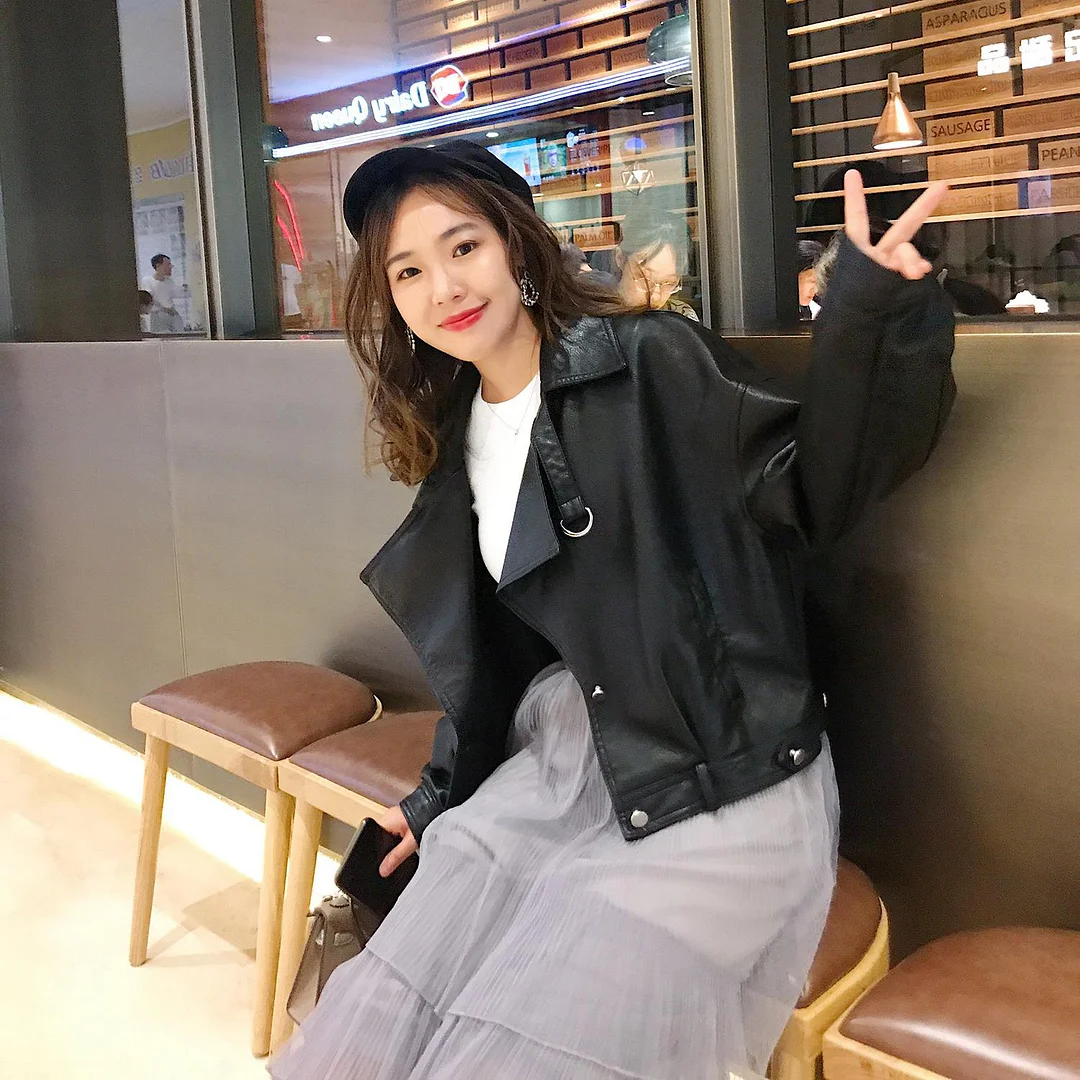 Ftlzz Autumn Faux Leather Jacket Women Loose Turndown Collar Single Breasted Motorcycle Leather Coats Moto Jacket Women