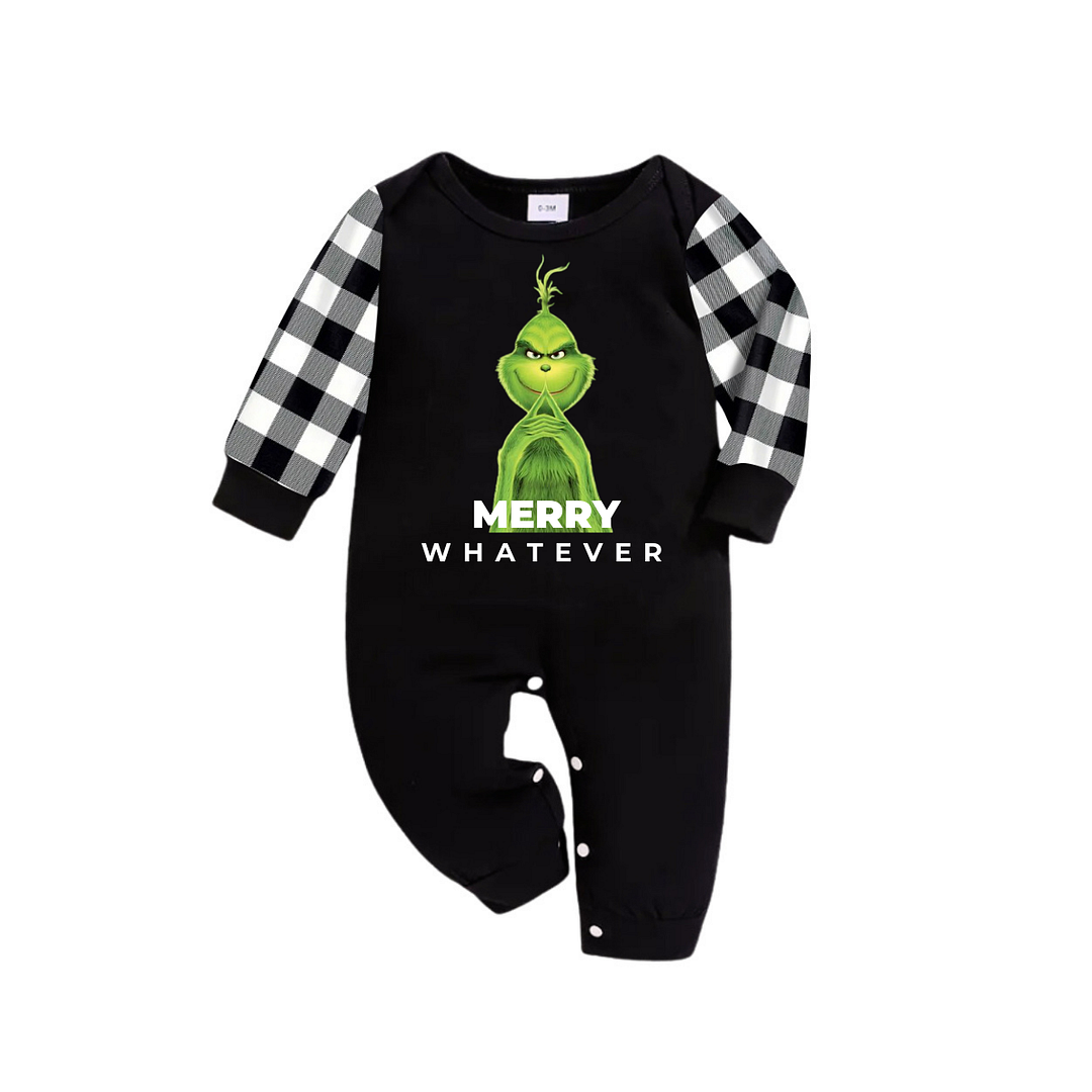Cute Cartoon Pattern and "Merry Whatever" Slogan Printed Black and White Plaid Family Matching Pajamas