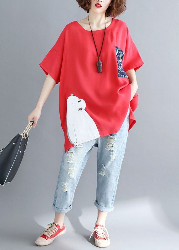 diy Red O-Neck Print Fall Animal Half Sleeve Shirt Top CK1305- Fabulory