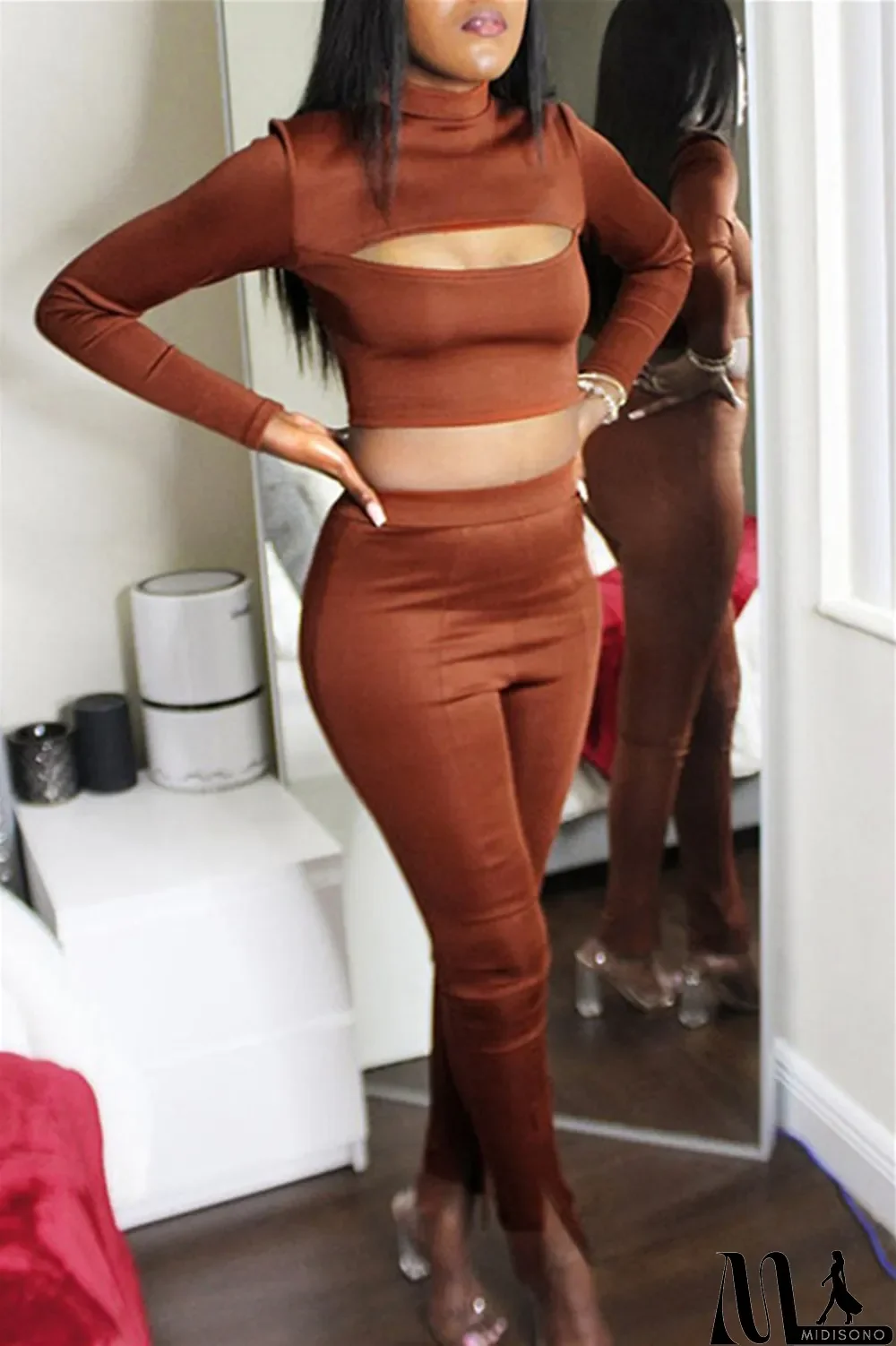 MidiSono - White Sexy Casual Solid Bandage Turtleneck Long Sleeve Two Pieces