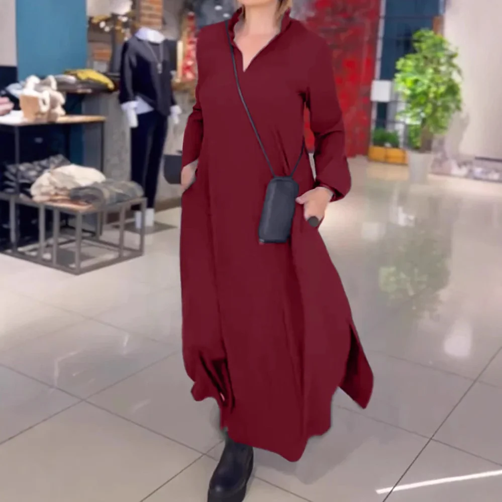 Uveng Uveng Autumn And Winter New Leisure Loose Solid Color V Collar Long-Sleeved Dress Women