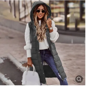 Brownm Brownm Casual Solid-Colored Hooded Sleeveless Sleeveless Vest Coat Q024