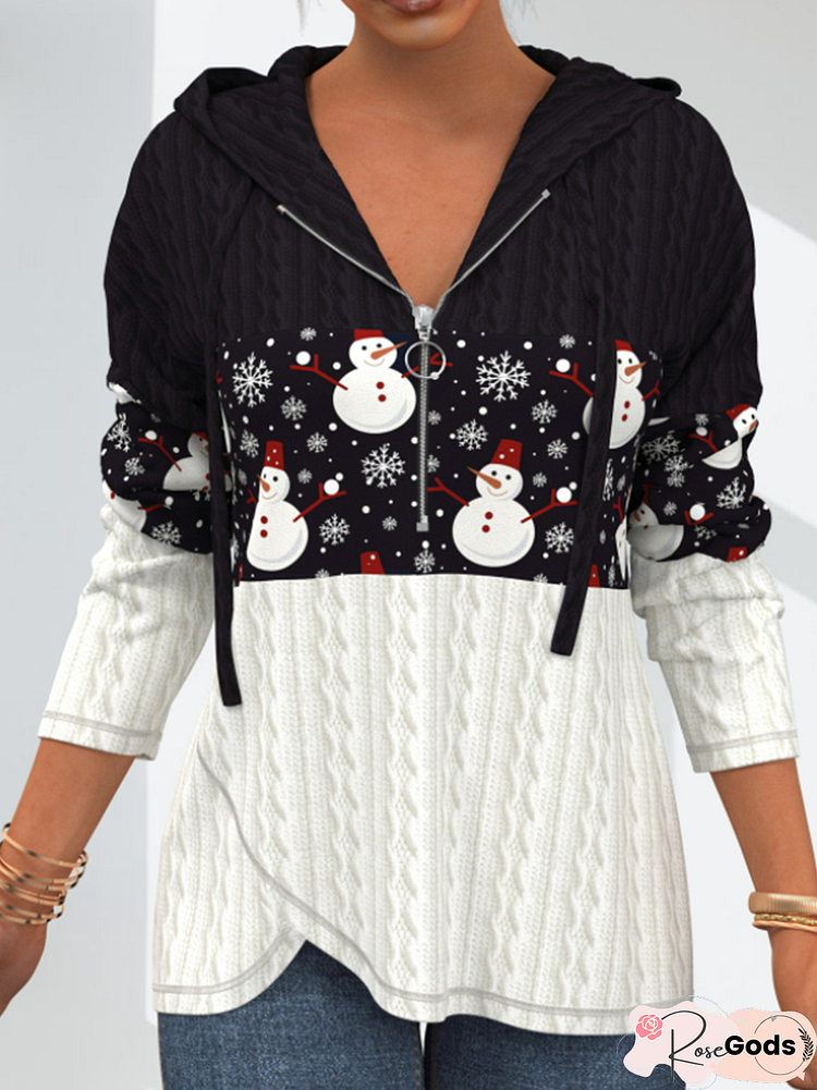 Long Sleeve Zipper V-Neck Hoodie Stitched Christmas Snowman Elastic Top T-Shirt Women