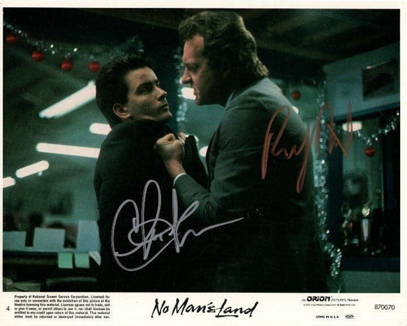 Charlie sheen and randy quaid autographed no mans land lobby card 8x10 Photo Poster painting