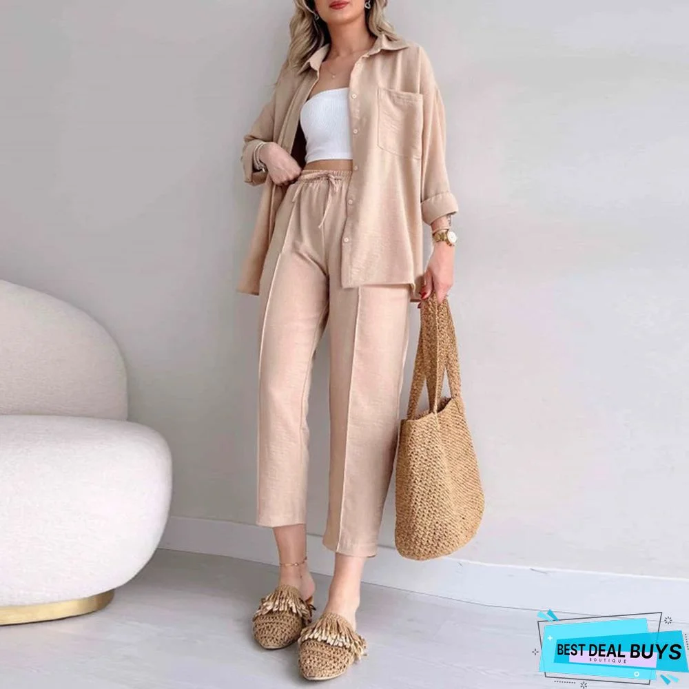 Plus Size Women's Fall Casual Loose Shirt Coat Cropped Sport Harem Pants Two-Piece Set