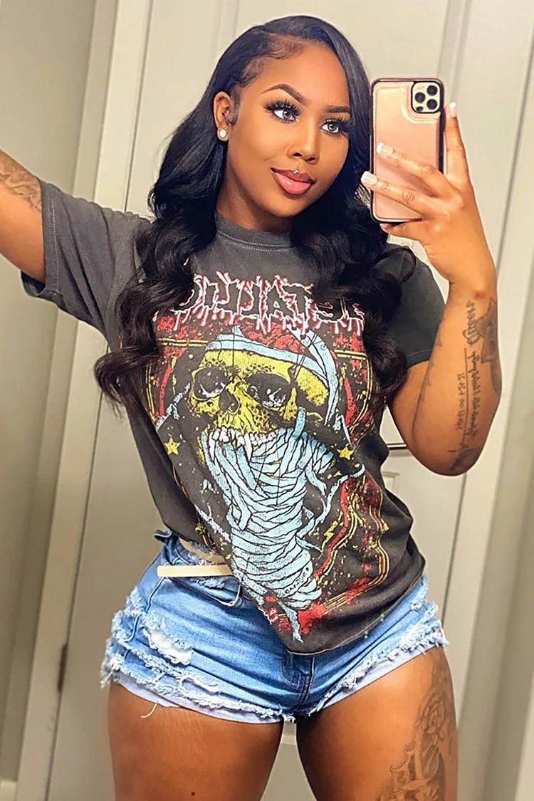 Letter Cartoon Print Round Neck Short Sleeve Casual T-shirt