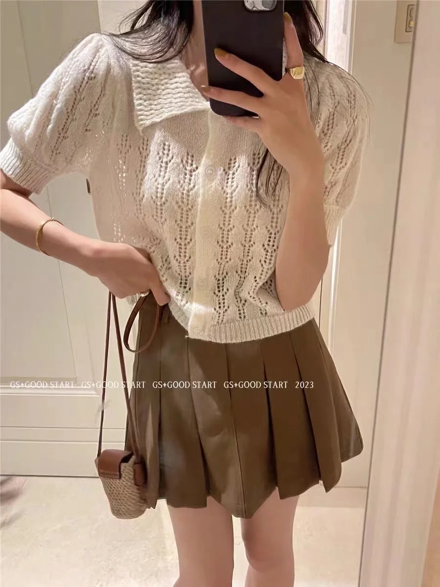 Churchf Churchf Summer New Design Sense Short Polo Collar Short Sleeve Jacket Sweet Hollow Out Bubble Sleeve Sweater Woman