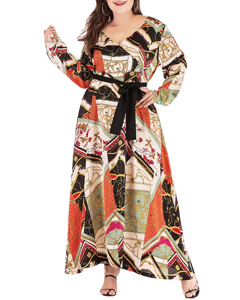 Plus Size Tied Detail Scarf Print Long Sleeve Maxi Dress