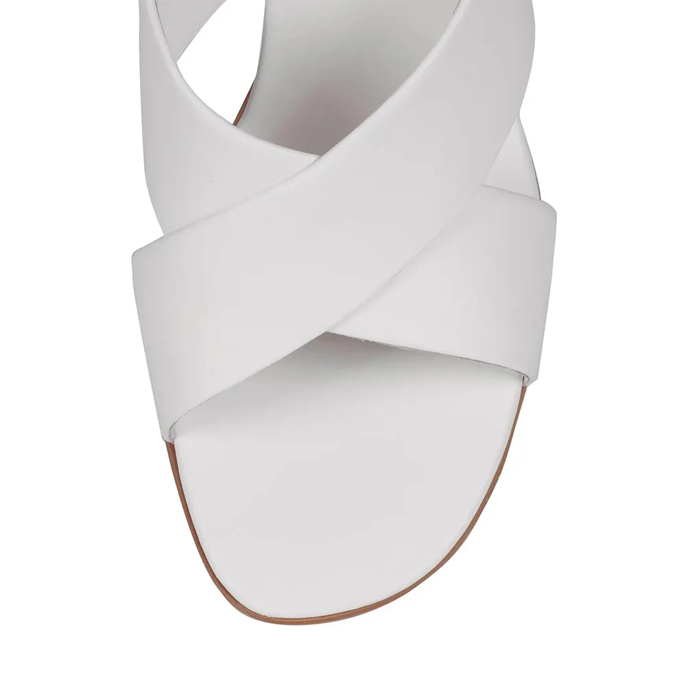 Round Toe Block High Heel Cross Strap White Mules for Women