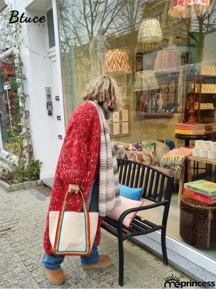 Womens Mohair Sweater Red Mélange  Knitted O-neck Long Cardigans Women