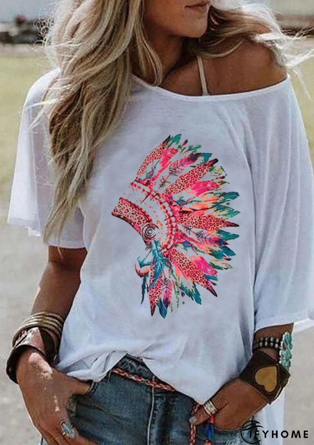 Casual Loose Print Big Round Neck Short Sleeve T-Shirt | IFYHOME