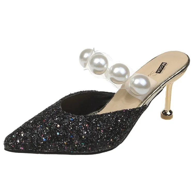 34-40 Pearl Black Sandals Women Summer Autumn Shoes Woman Thin Heels 2022 Womens Outdoor High Heels Woman Mules