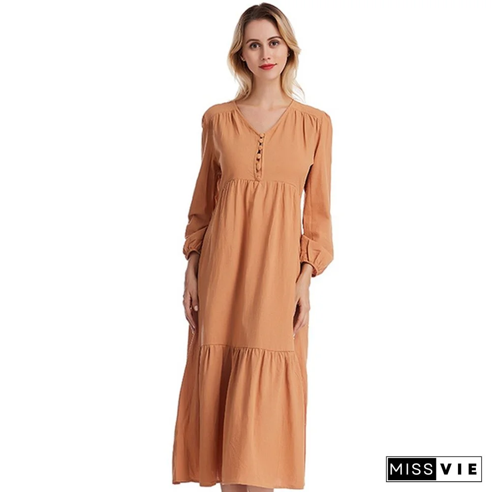 Autumn and Winter Women's Fashion Casual Button Retro Long-sleeved Dress