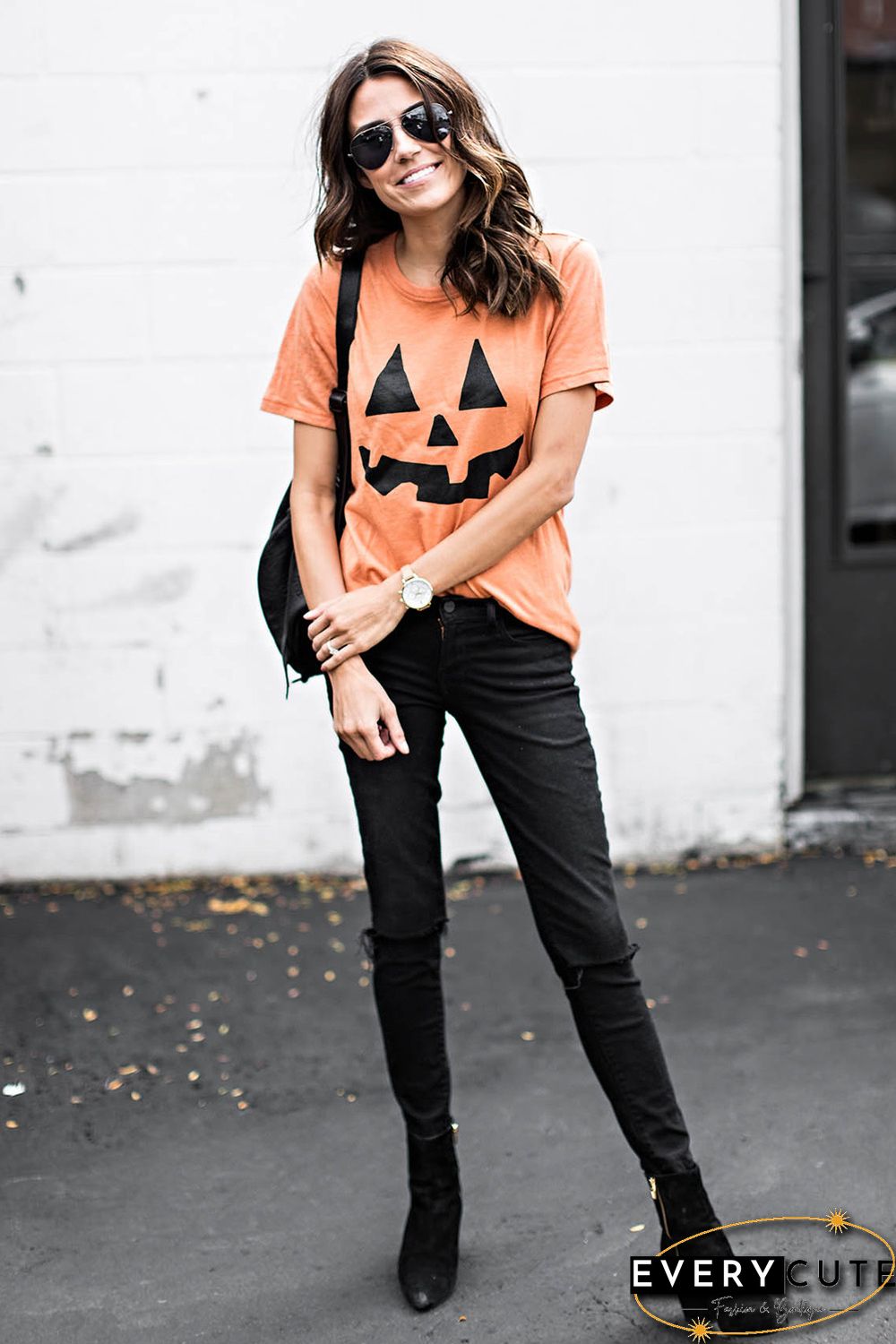 Round Neck Short Sleeve Pumpkin Pattern Orange T-shirt