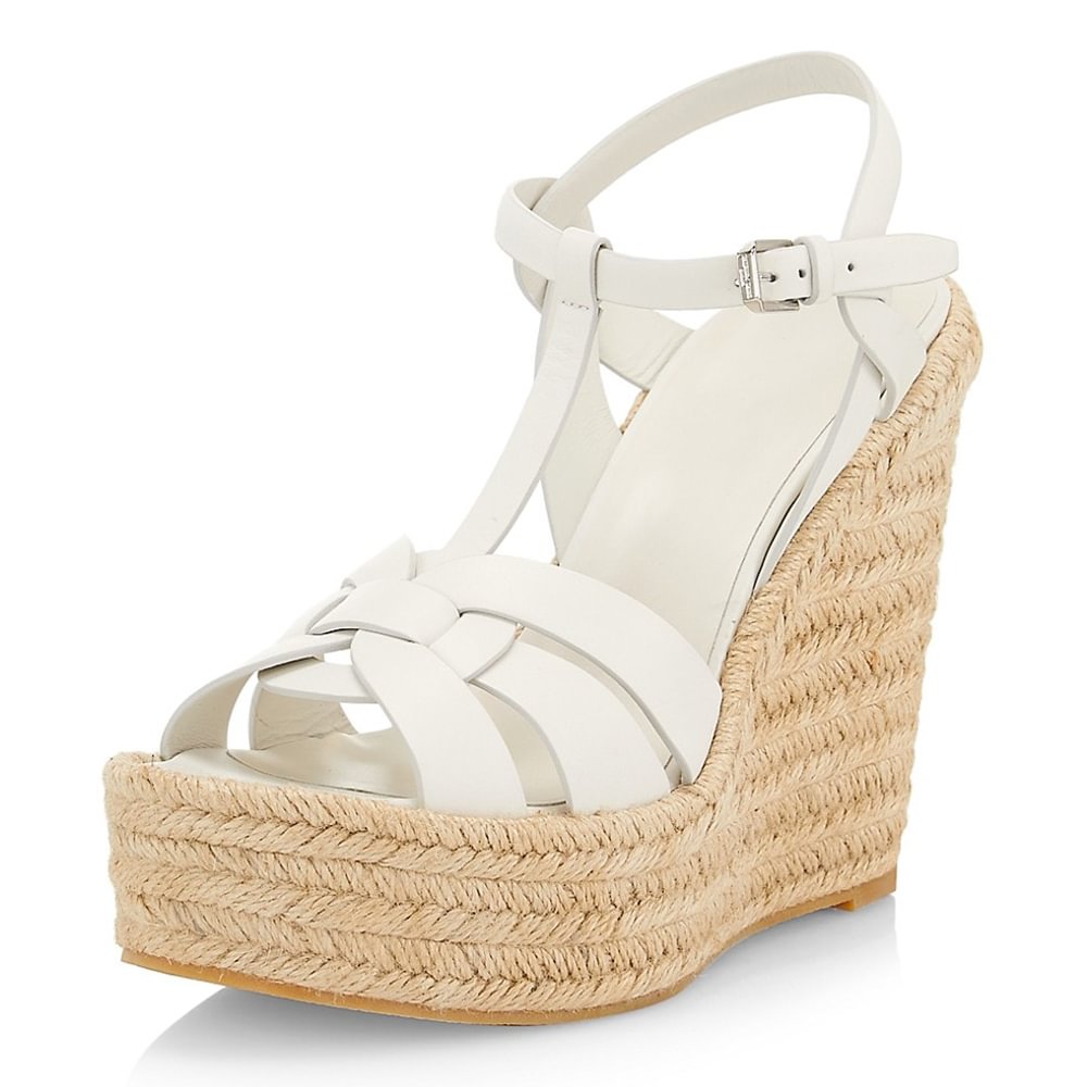 White Leather Wedge Sandals With Platform Ankle Strap Chunky Heels Nicepairs