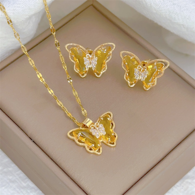 European and American Cute Micro-inlaid Butterfly Necklace Earrings Set Classic Light Luxury Transparent Stainless Steel