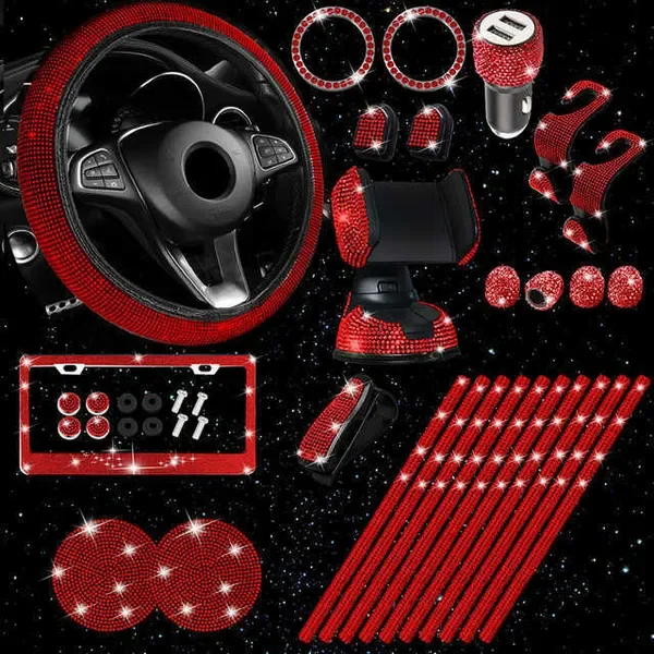 27pcs Bling Accessories Set Steering Wheel Cover License Plate Frame Auto Vent Outlet Trim Usb Charger Car Phone Holder