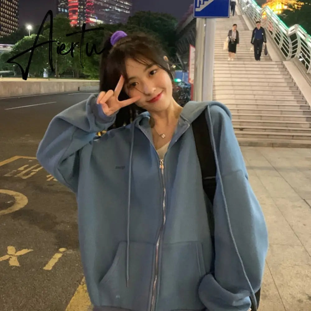 Zip up Women Korean Style hoodies For Girls Top Vintage Solid Long Sleeve Oversized Hooded Sweatshirt Jacket Casual Large Coats Aiertu