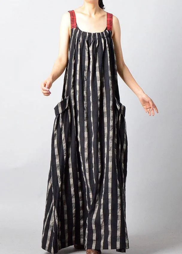 Art Black Plaid Patchwork Pockets Cotton Linen Summer Maxi Dresses