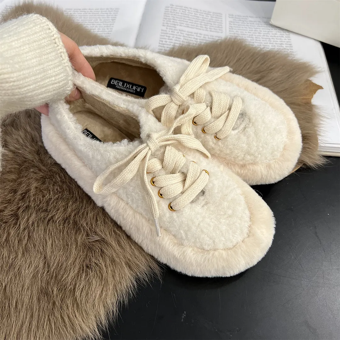 Women's Casual Solid Color Shoelace Round Toe Mid Heels Plush Shoes