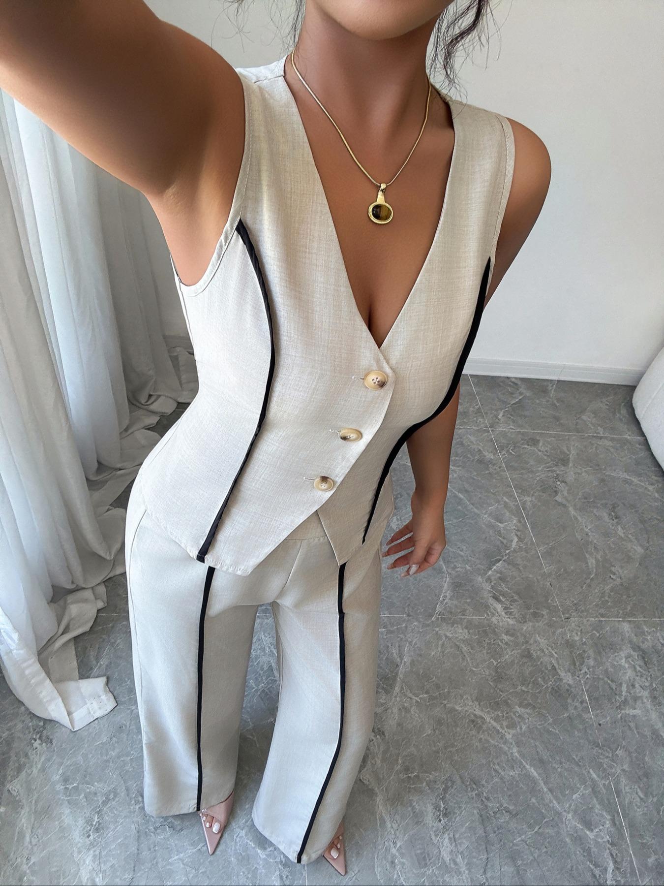 Colorblock V-Neck Sleeveless Button Vest Set Suits with Wide Leg Pants, Spring & Fall Fashion, Minimalist, Slim Fit, Plain Pattern, Natural Waist, Womenswear