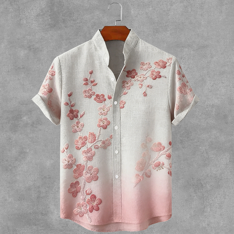 Comstylish Men's Japanese Cherry Blossom Pattern Short Sleeve Shirt