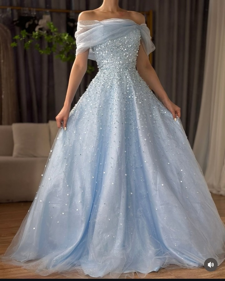 Ovlias Baby Blue Off-Shoulders Prom Dress Floor Length with Sequins JQ0073