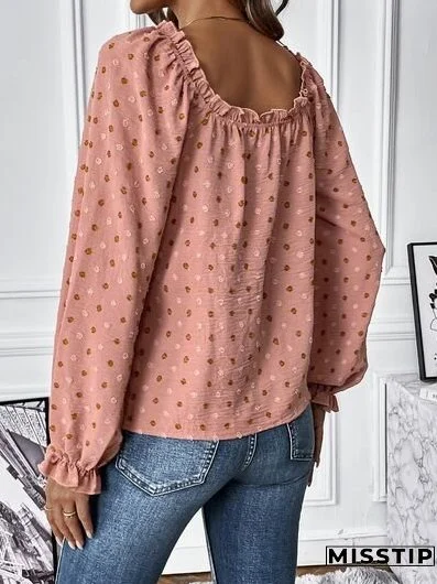 Swiss Dot Square Neck Flounce Sleeve Blouse