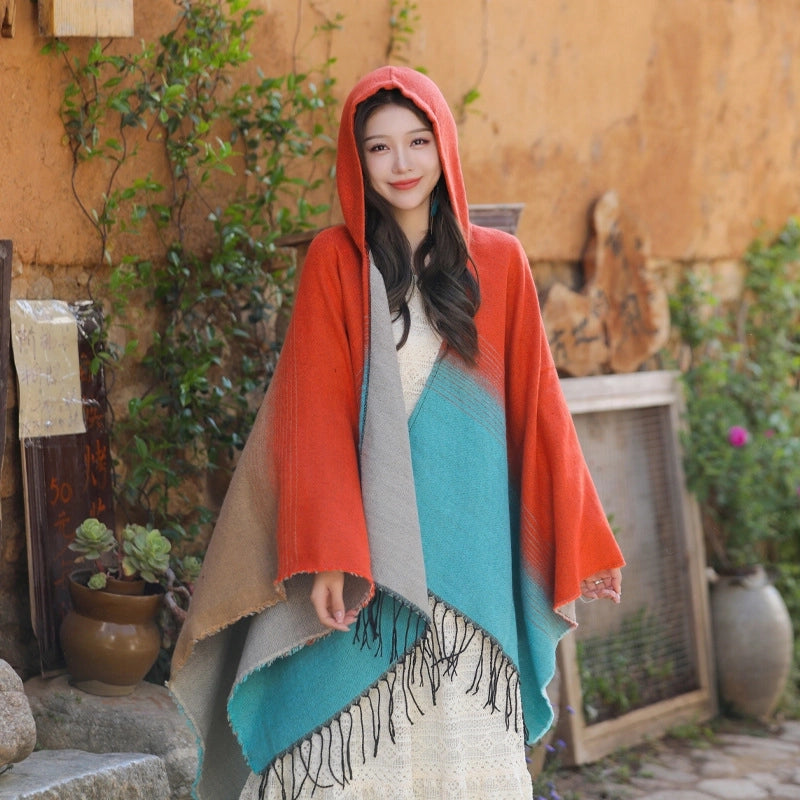 Ethnic Style Hooded Shawl Cloak Lijiang Xinjiang Tibet Northwest Tourism Wear Photograph Warm Outer Cape