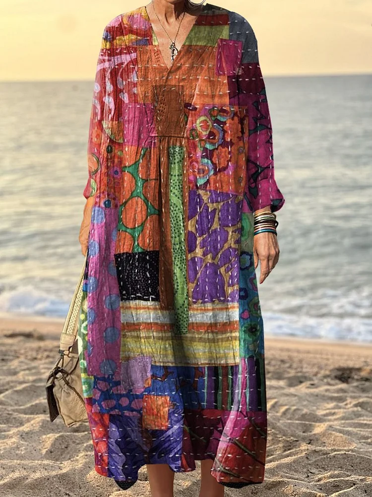 Women's Colorful Patchwork Art Print Dress
