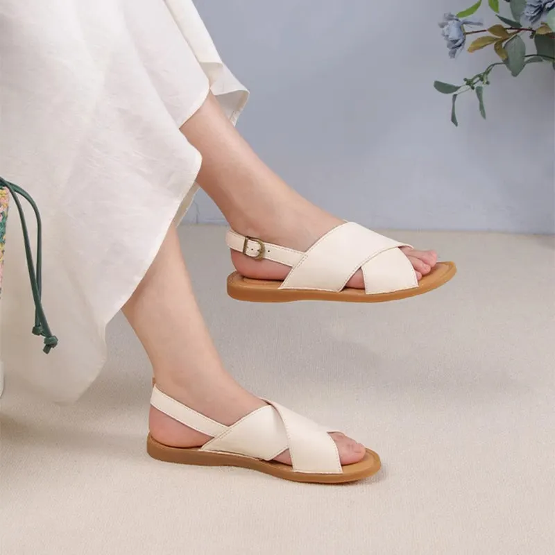 Women's Wide Strap Peep Toe Leather Flat Sandals Shoes
