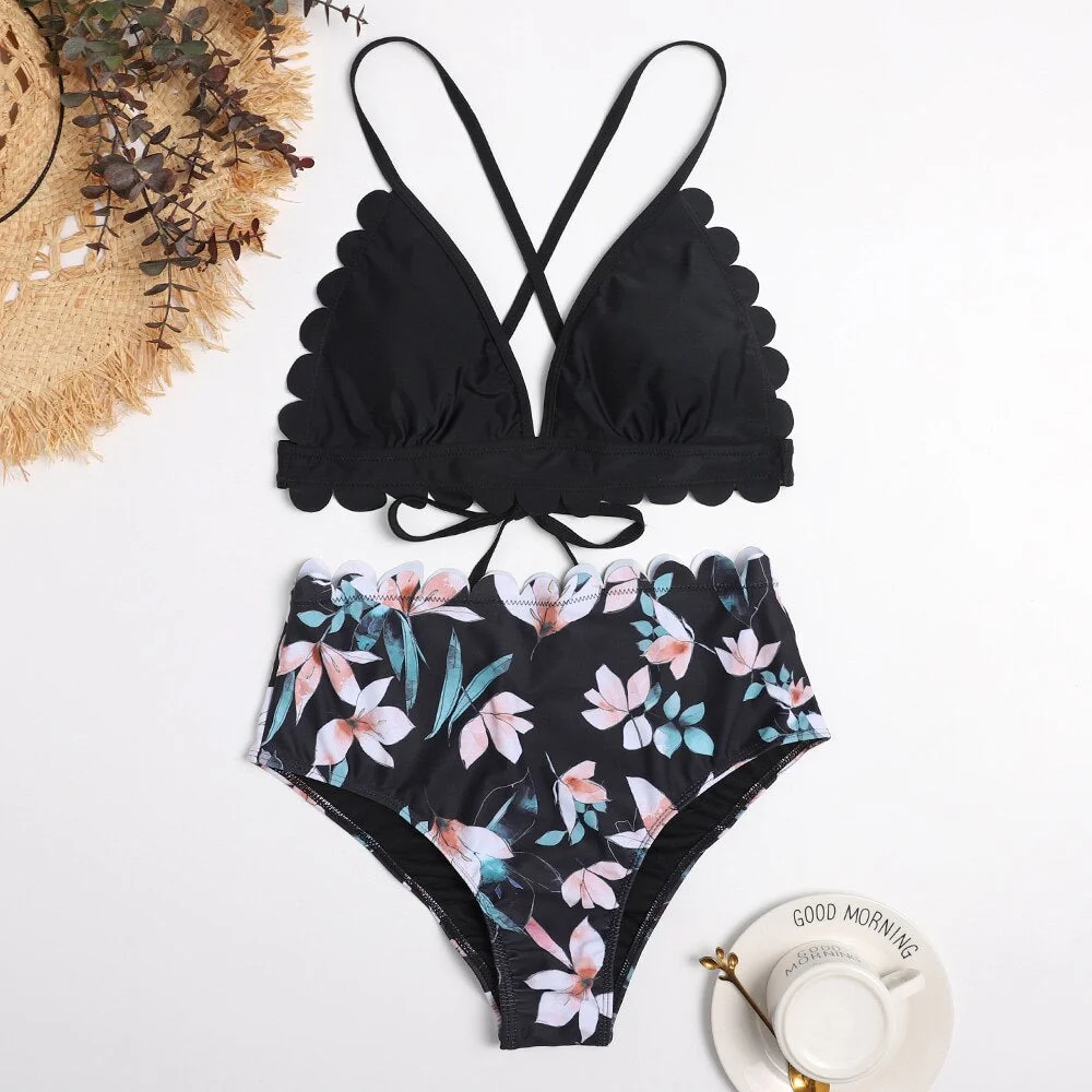 2021 New Sexy High Waist Bikini Set Solid Print Scalloped Lace Up Swimwear Women Swimsuit Brazilian Bathing Suit Female biquini