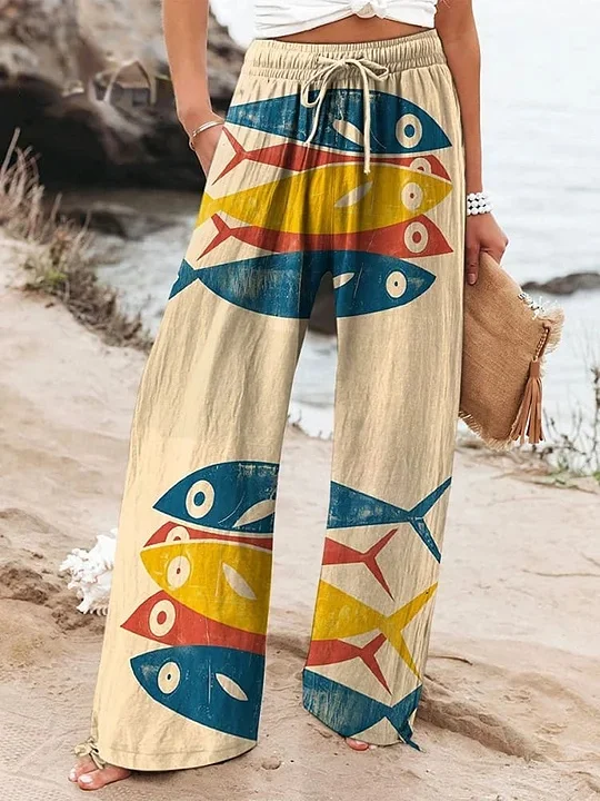 Women's Vintage Fish Sardine Art Print Cotton And Linen Casual Pants
