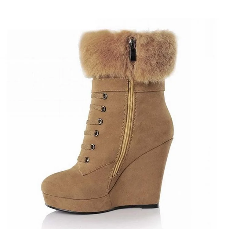 Khaki Vintage Wedge Fur Lace up Booties Vdcoo