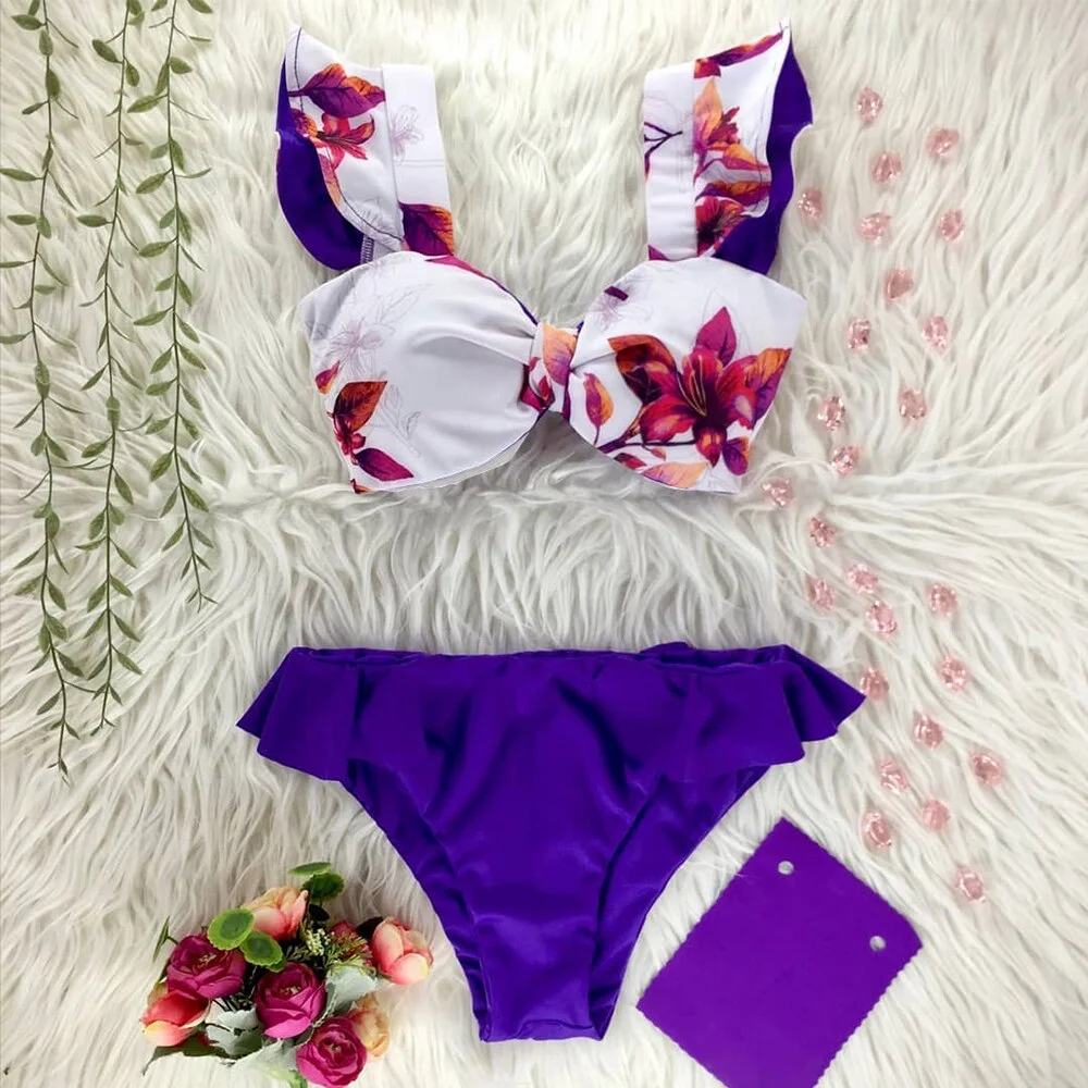 Two-Pieces Women Floral 2022 Push-Up Padded Bra Ruffles Bandage Bikini Set Swimsuit Swimwear Bathing Suit Beachwear Biquini
