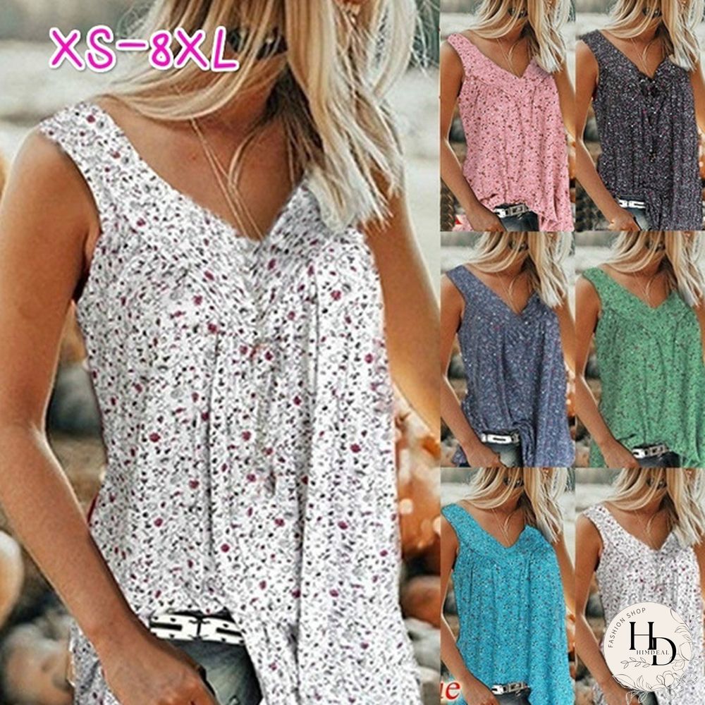 XS-8XL Plus Size Sleeveless Summer Tops Fashion Clothes Women's Casual Floral Printed Blouses Ladies Beach Wear Pleated Shirts Deep V-neck Tank Tops
