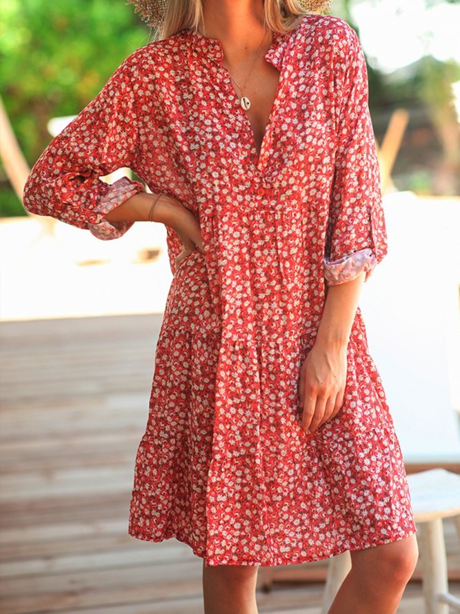 Rose Casual Floral V Neck Dresses Zaesvini