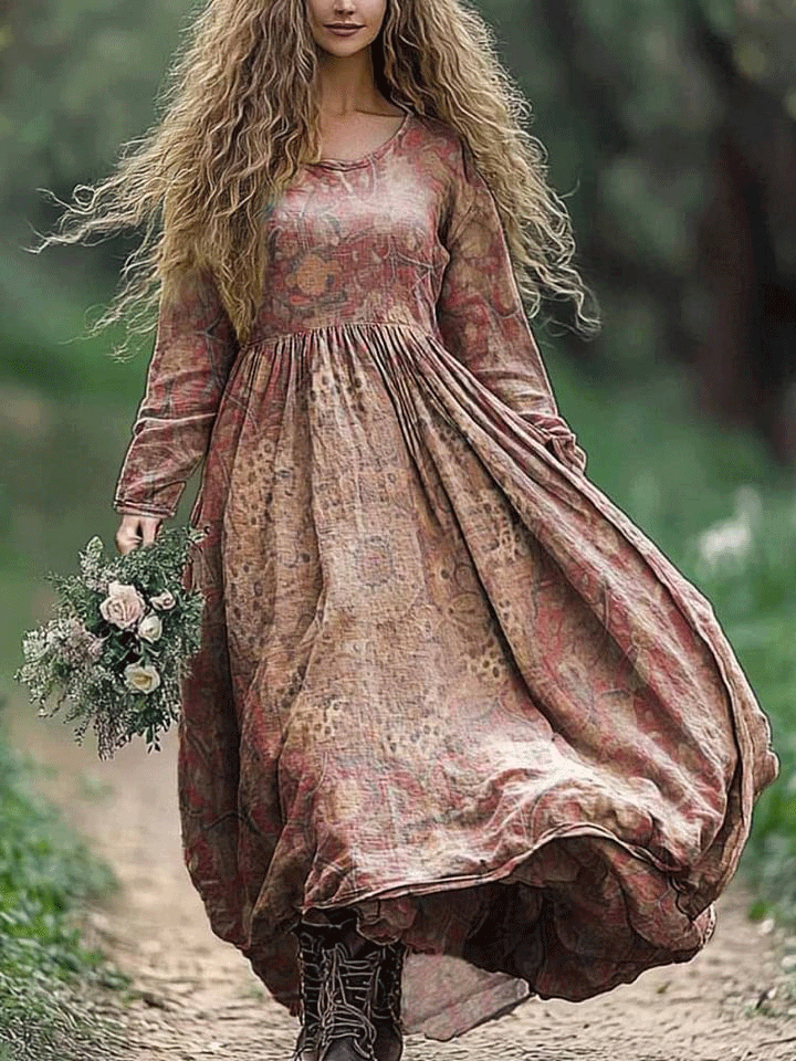 Women's Vintage Bohemian Floral Print Crew Neck Pocket Cotton Dress