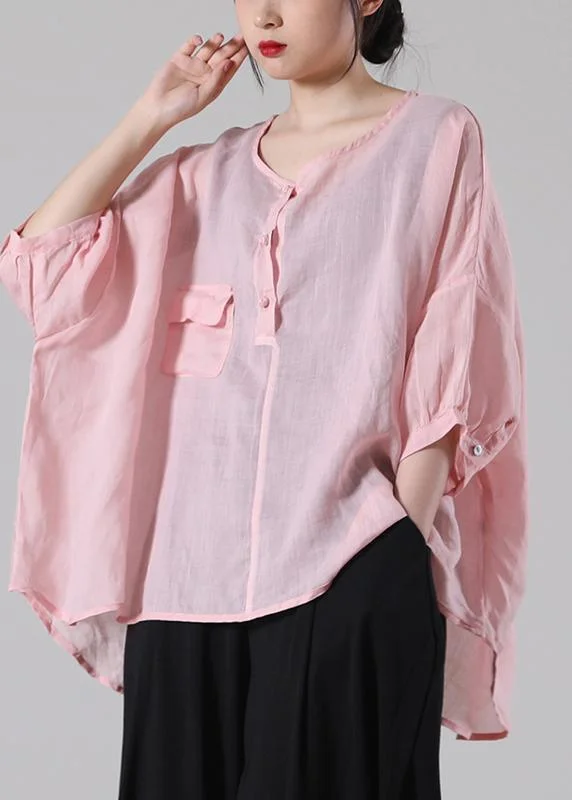 DIY Pink Button Cotton Linen Blouses Summer