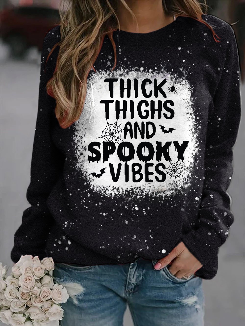 Women's Halloween Thick Thighs and Spooky Vibes Print Casual Sweatshirt