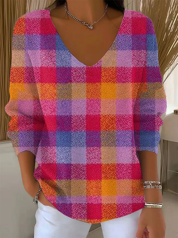 Women's Vintage Abstract Plaid Art Print Casual Pullover Sweater