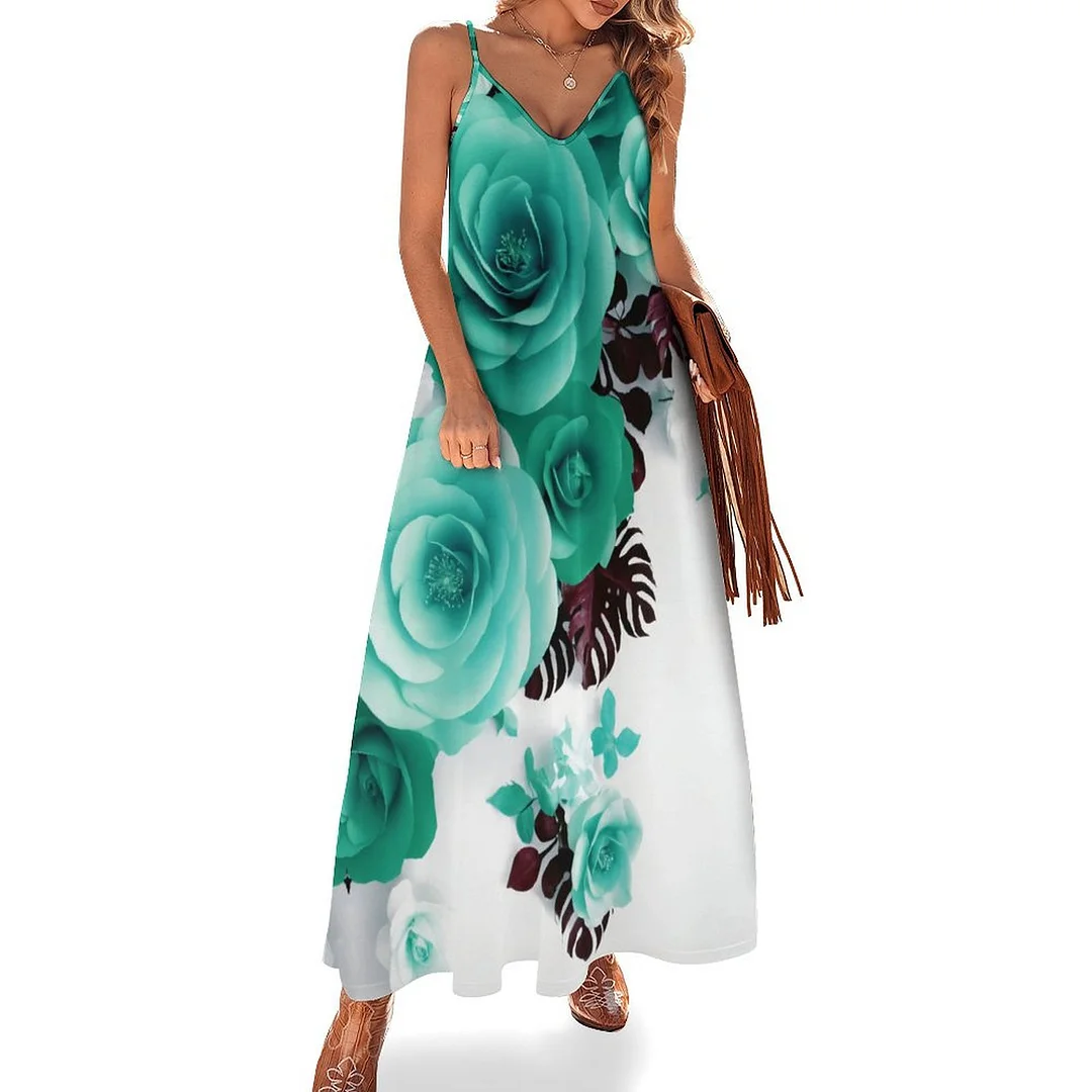 Style & Comfort for Mature Women Plus Size Printed Sling Casual Women Maxi Dress in Pattern Turquoise, Floral, Green, Rose