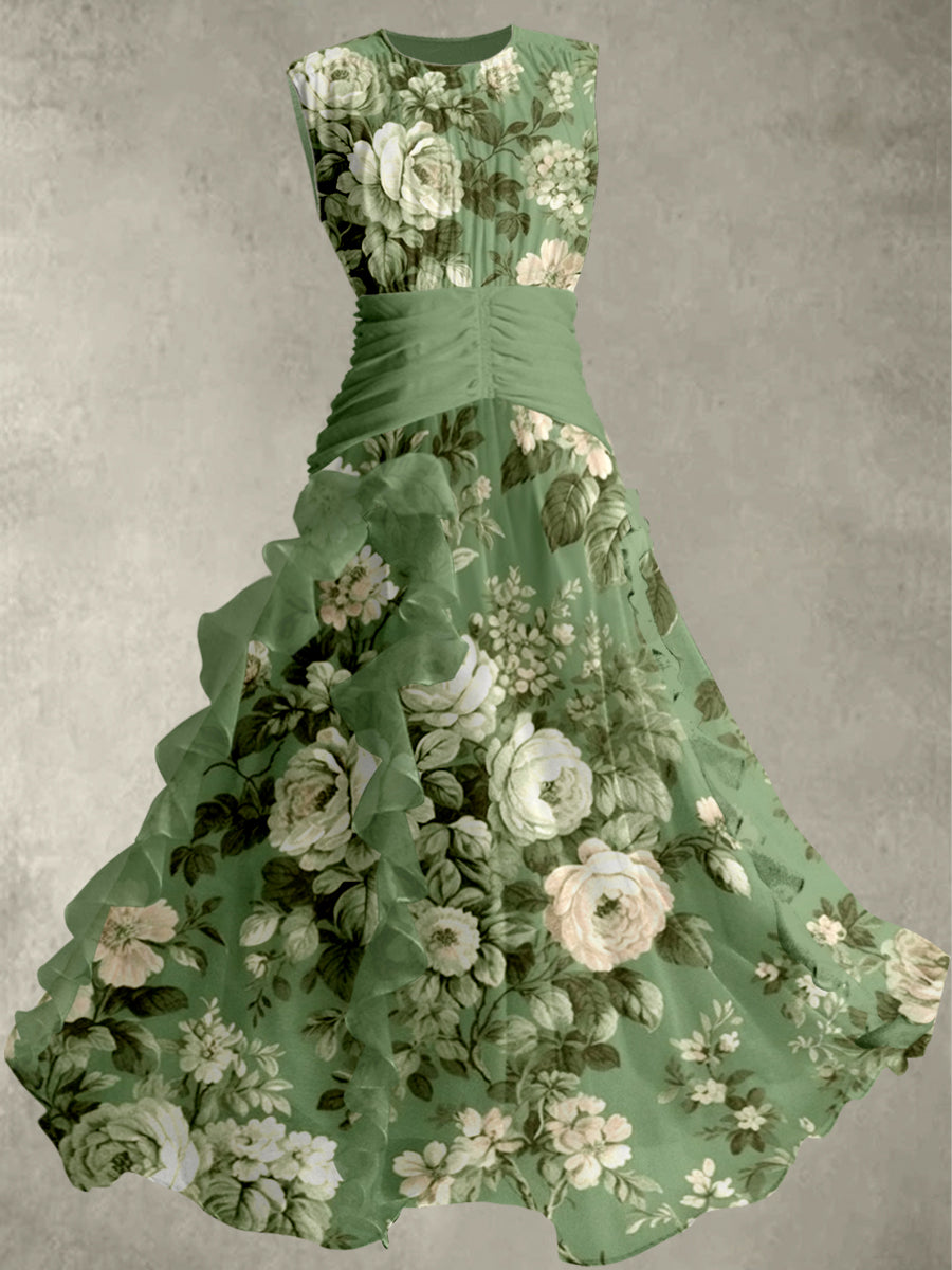 Floral Art Print Vintage Elegant Chic Sleeveless Maxi Dress