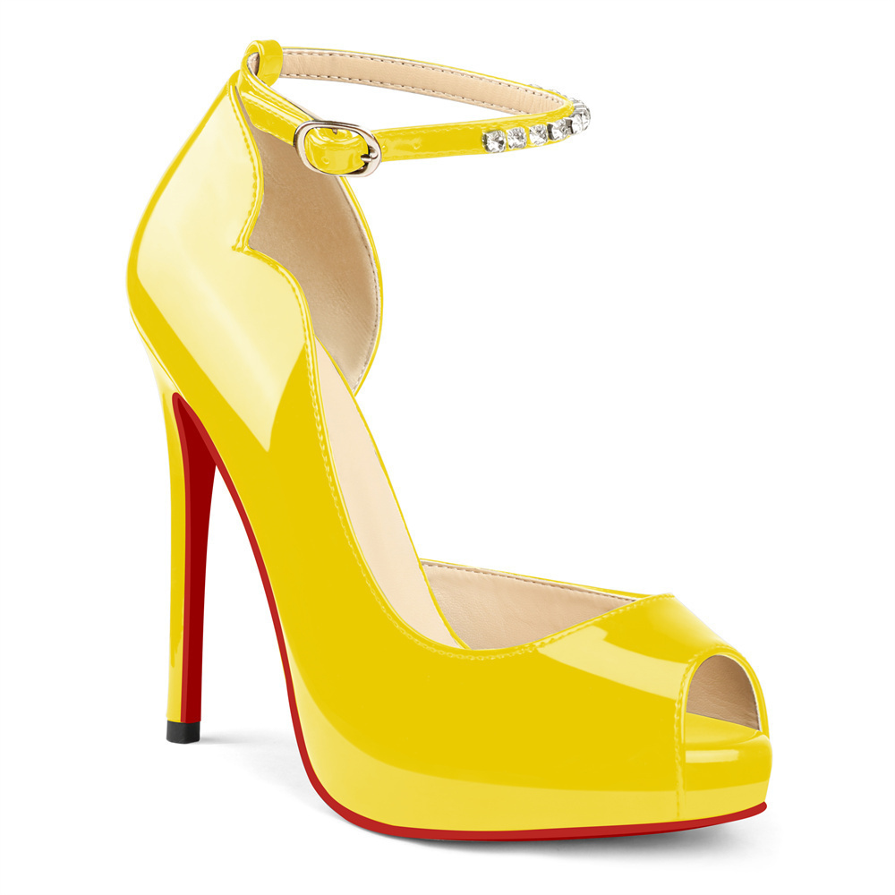 120mm Red Bottom Elastic Strap Slingback Sandals Peep Toe Platform Stilettos Black Patent Heels-MERUMOTE